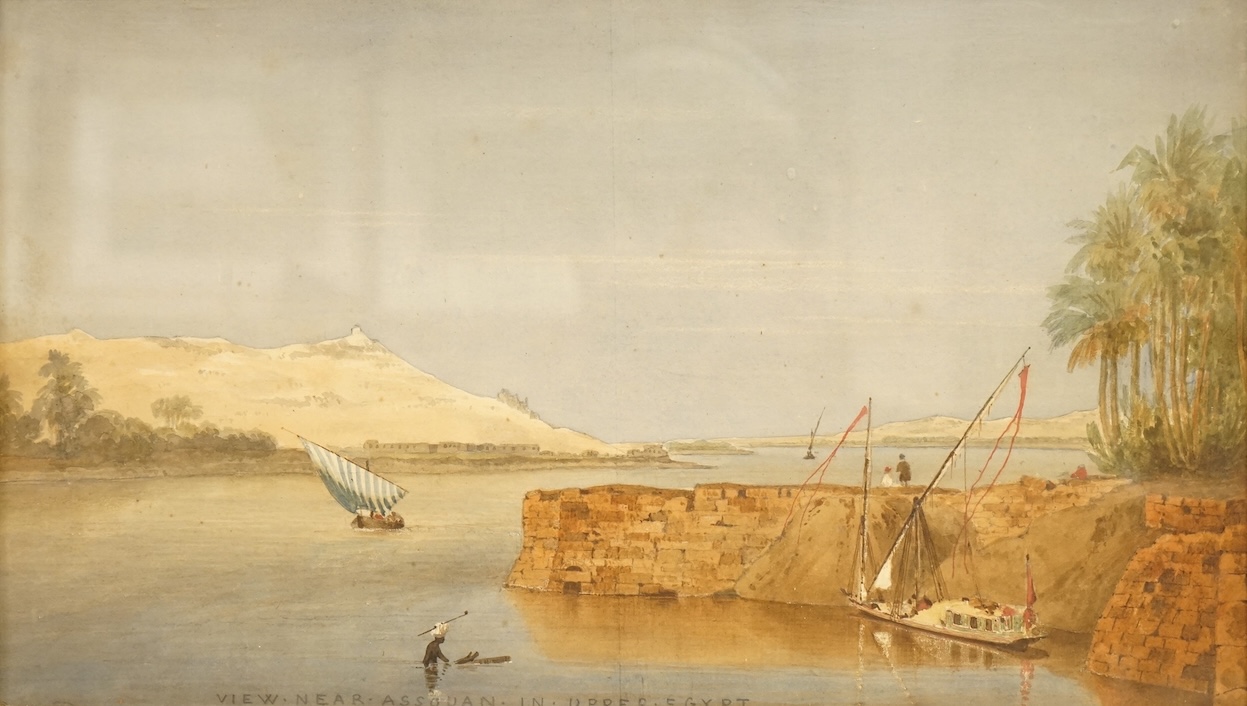 Henry Parke (19th. C), ‘View near Assouan in Upper Egypt’, inscribed and Lacy Gallery label verso, watercolour, 23 x 39cm